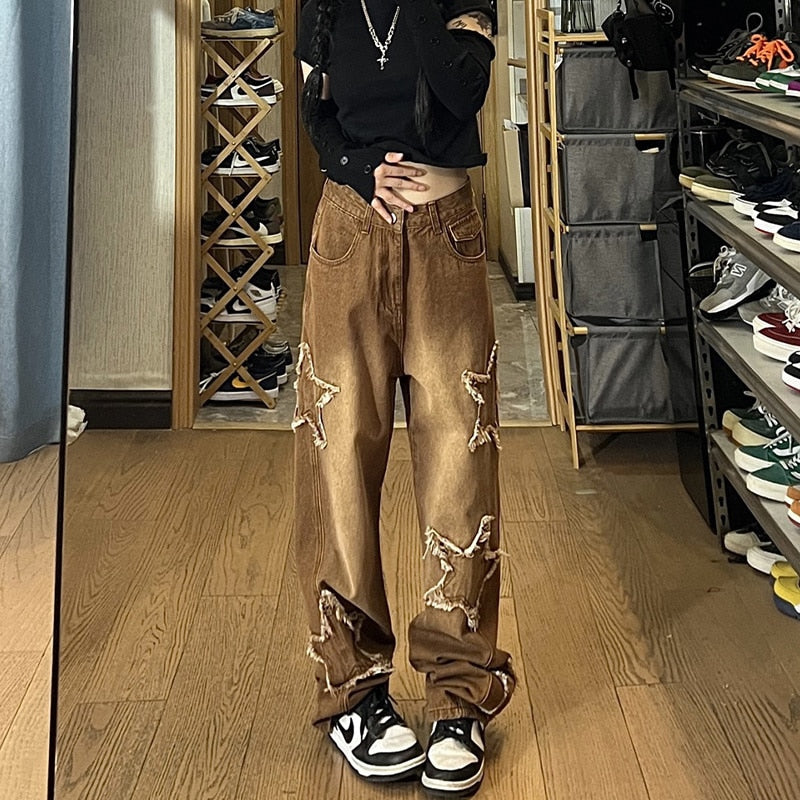 American Brown Jeans Men Washed Gradual Gradient Five pointed Star