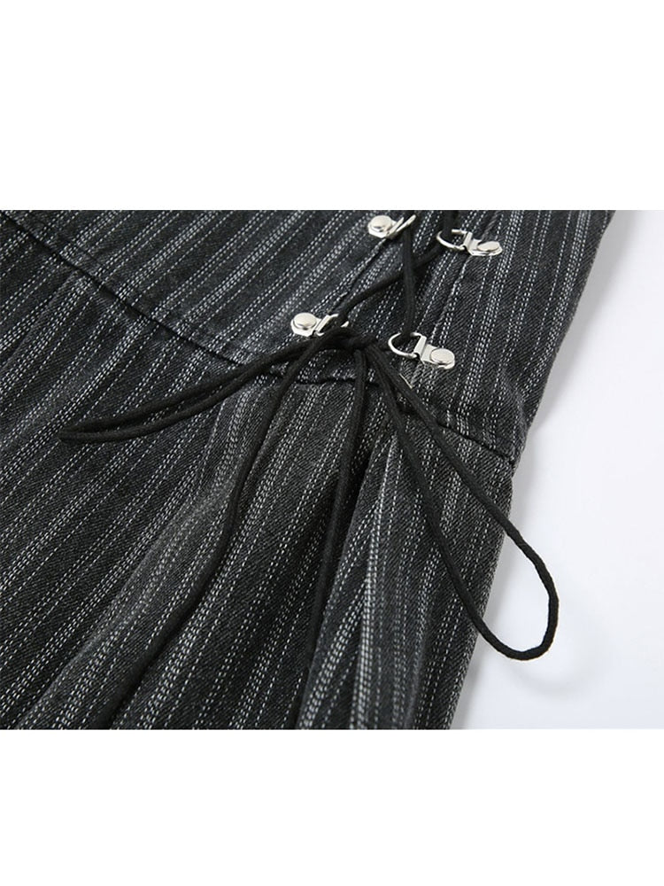 Pleated Skirt Women High Waist Grey Stripe Bandage Mini Skirts