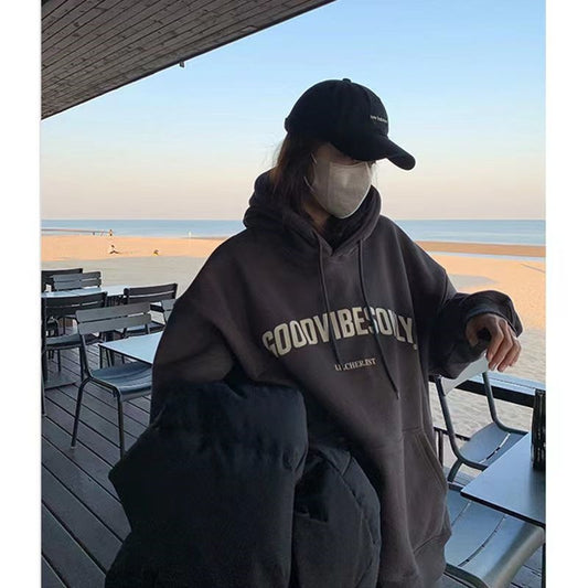 Womens Clothing Grey Vintage Street Sweatshirt Hoodie Letter Printing Long