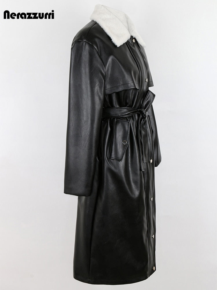 Winter Long Loose Casual Thick Warm Brown Black Pu Leather Coats