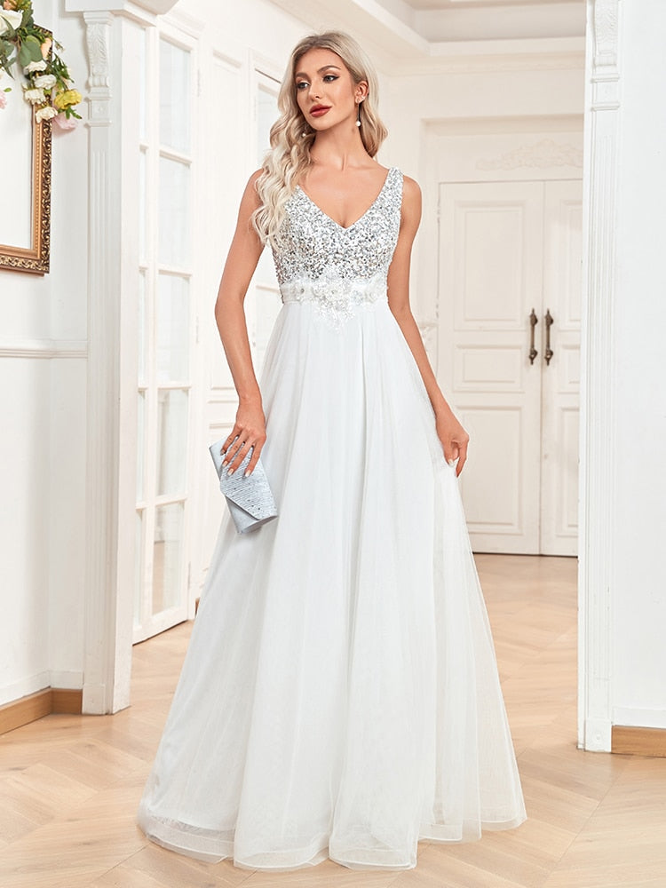 Evening wear Dresses: V-Neck Sleeveless Sequin Floor Length Evening Dress White