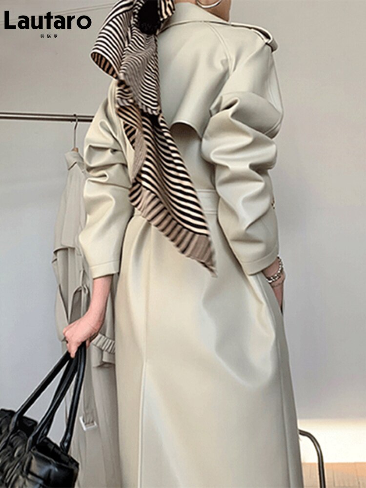 Spring Autumn Long Faux Leather Trench Coat for Women Belt Double