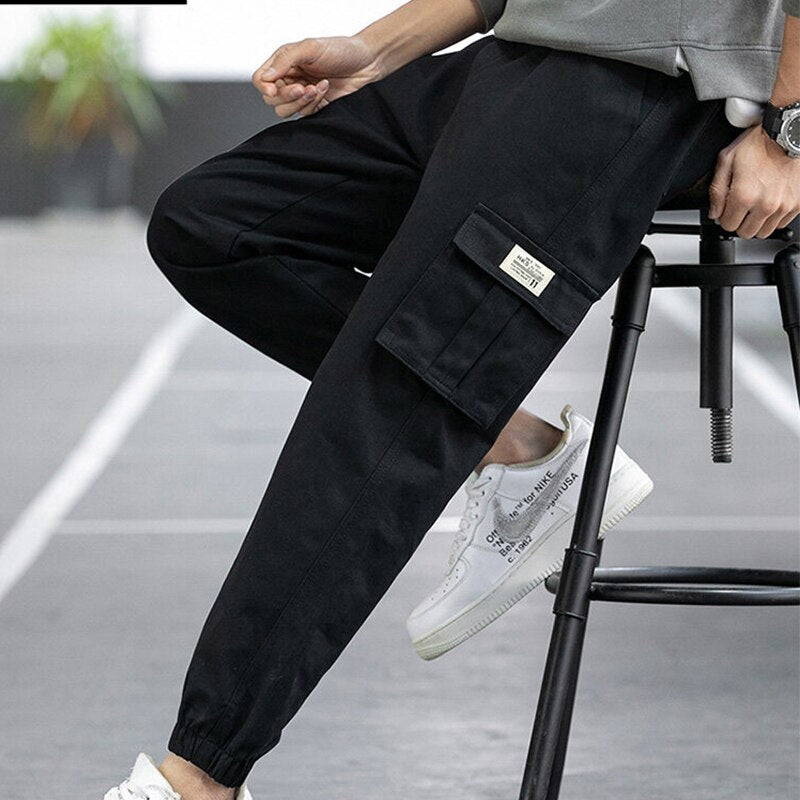 Four Seasons Men Cotton Cargo Pants Plus Size Sports Drawstring