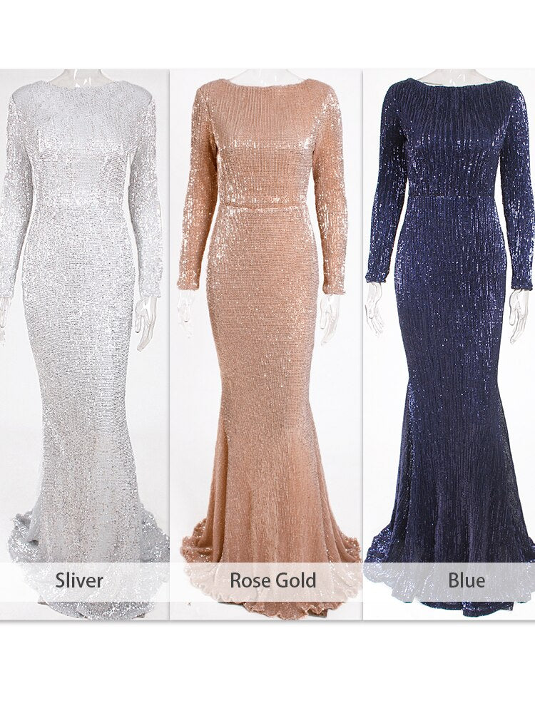 Homecoming Dresses: Long Sleeve Maxi Prom Dress Sequin Stretchy O Neck Full Lining