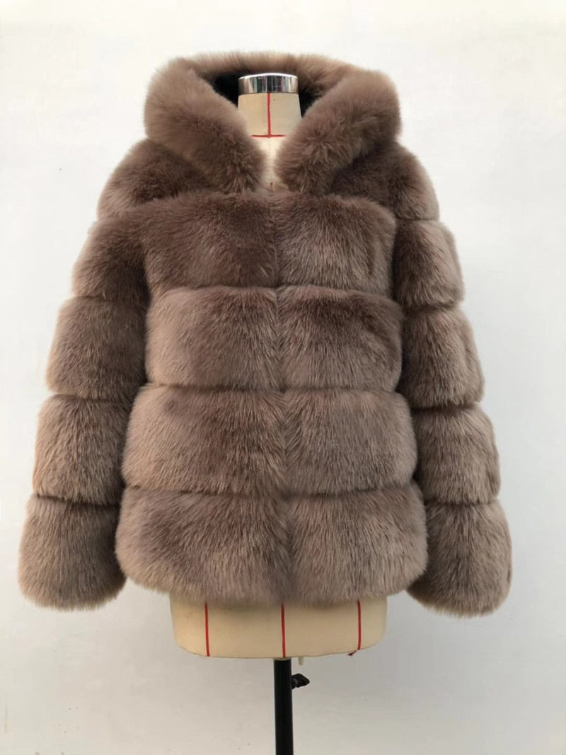 Winter Thick Warm Faux Fur Coat Women Furry Hooded Long Sleeve Faux Fur