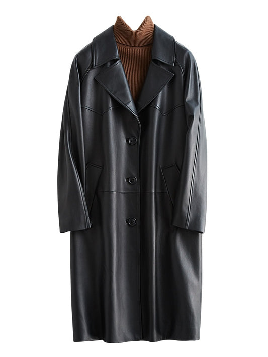 Spring Autumn Black Oversized Leather Trench Coat for Women Raglan