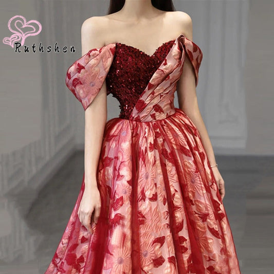 Luxury Evening Dresses Long Off The Shoulder Floral Pattern Sequins Dark