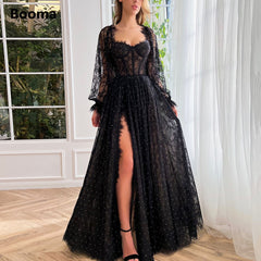 Booma Black Sweetheart Lace A-Line Prom Dresses Long Puff Sleeves Rhinestones