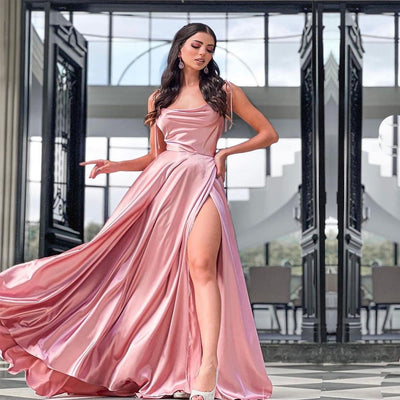 A Line Blush Pink Long Prom Dresses for Women Open Back Sexy