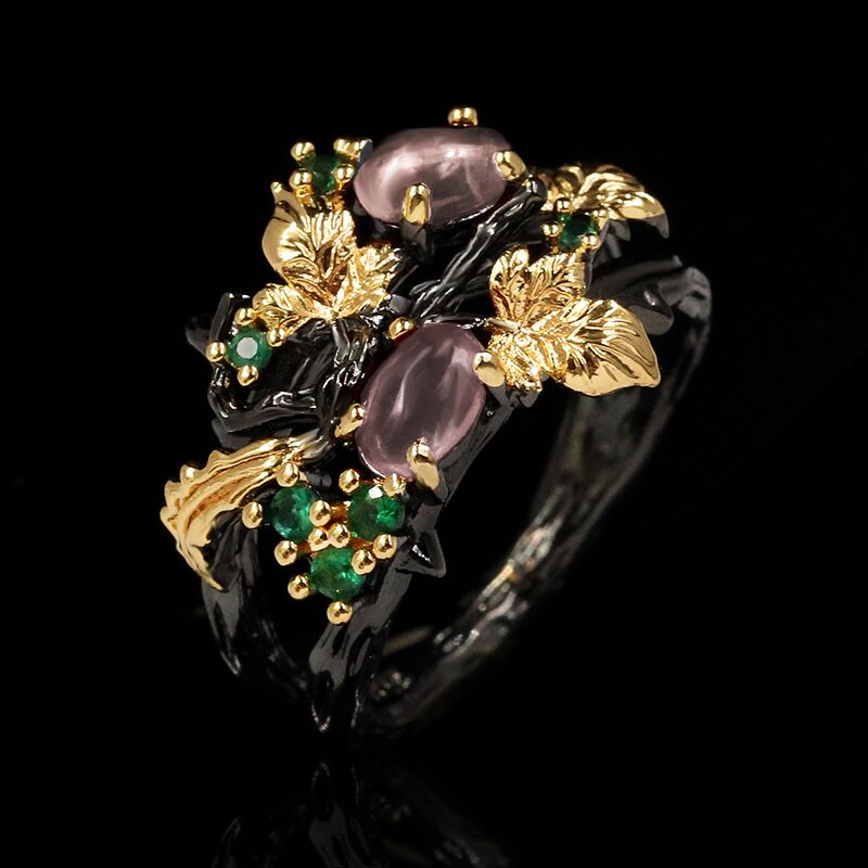 Exquisite Leaf Flower Color Zircon Ladies Women Ring Jewelry Black Gold