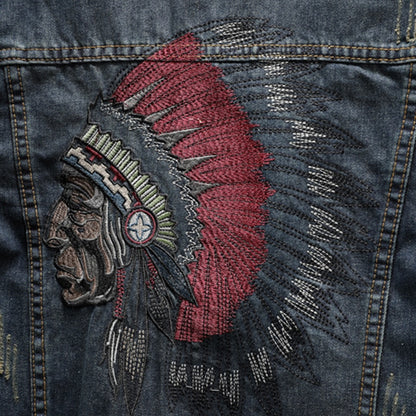 Fashion Streetwear Men Jacket Retro Blue Indian Chief Embroidery Denim Jackets