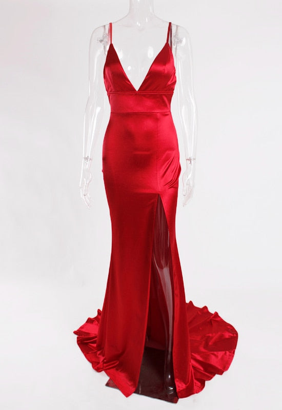 Evening wear Dresses: Red Evening Gown Strappy Split Leg Floor Length Long