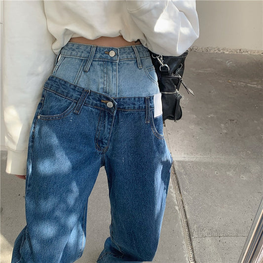 Stylish Fake Two Piece Jeans Women Patchwork Daddy Pants Female Baggy Jeans