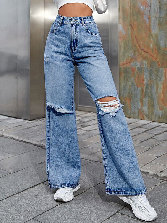 Fall High Waist Straight Women Ripped Jeans Women Blue Denim