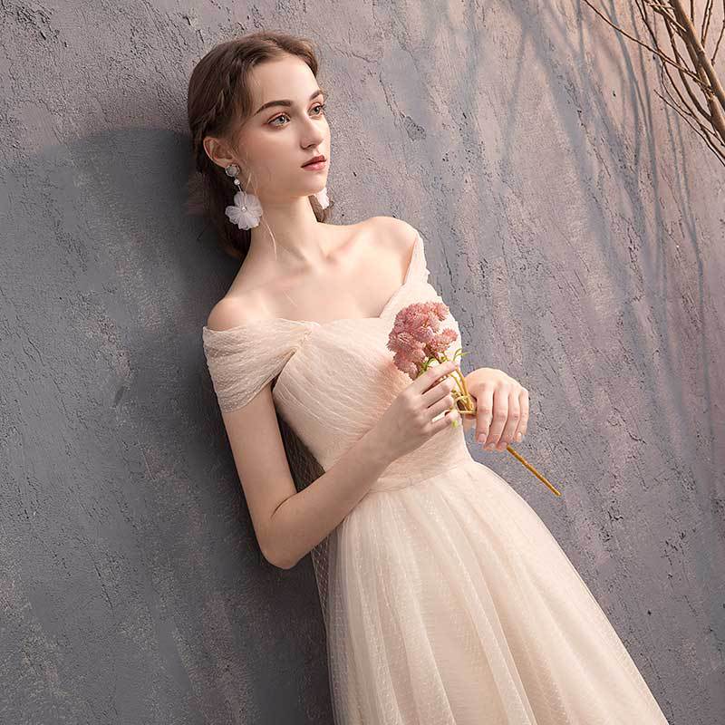 Homecoming Dresses: Long Light Cream Champagne Prom Dresses Tulle Formal Gown
