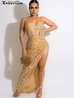 Kricesseen Sexy Gold Sequined High Split Maxi Dress Women Summer Strap Mesh