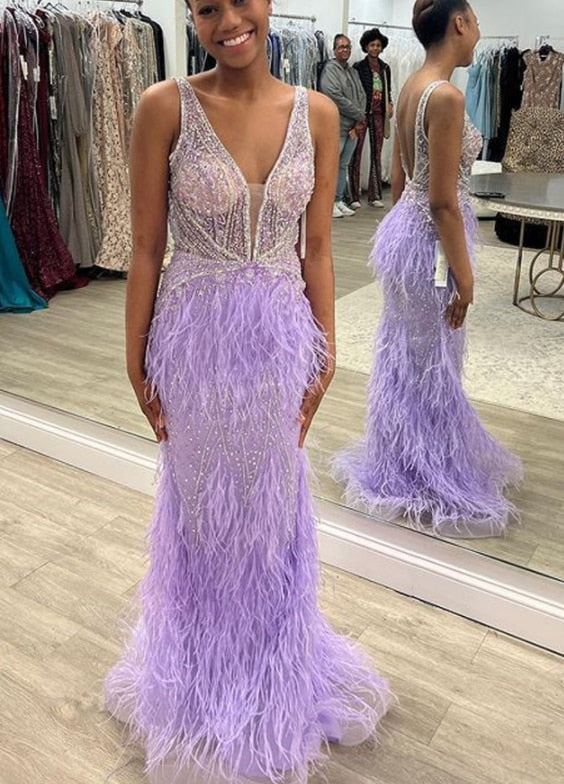 Evening wear Dresses: Mermaid Blue Feathers Evening Dress Fashion Backless Beaded