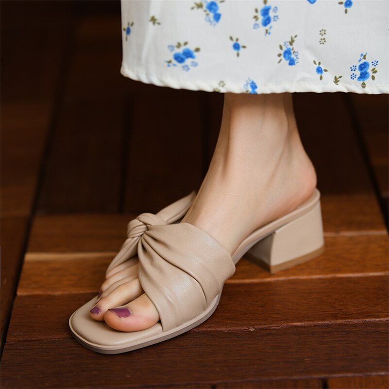 Women Genuine Leather Sandals Mid Heel Shoes Square Toe Pleated Thick