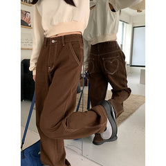 Brown Women Jeans High Waist Vintage Straight Baggy Denim Pants