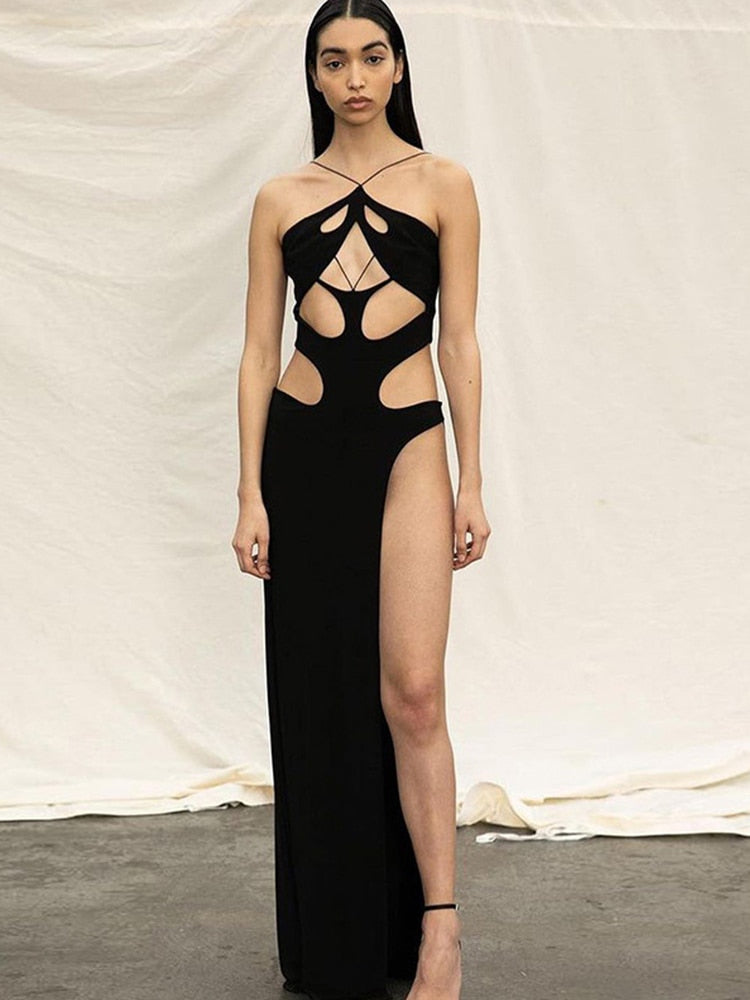 Cryptographic Fashion Black Halter Cut Out Hight Waist Split Long Dress Women