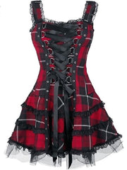 Goth Dark Plaid Bandage Gothic Women A-line Dresses Grunge Aesthetic Lace