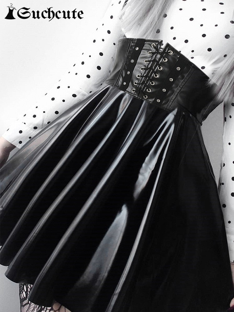 Women Skirts Gothic Harajuku Bandage Faux Leather Korean Fashion Black Mini
