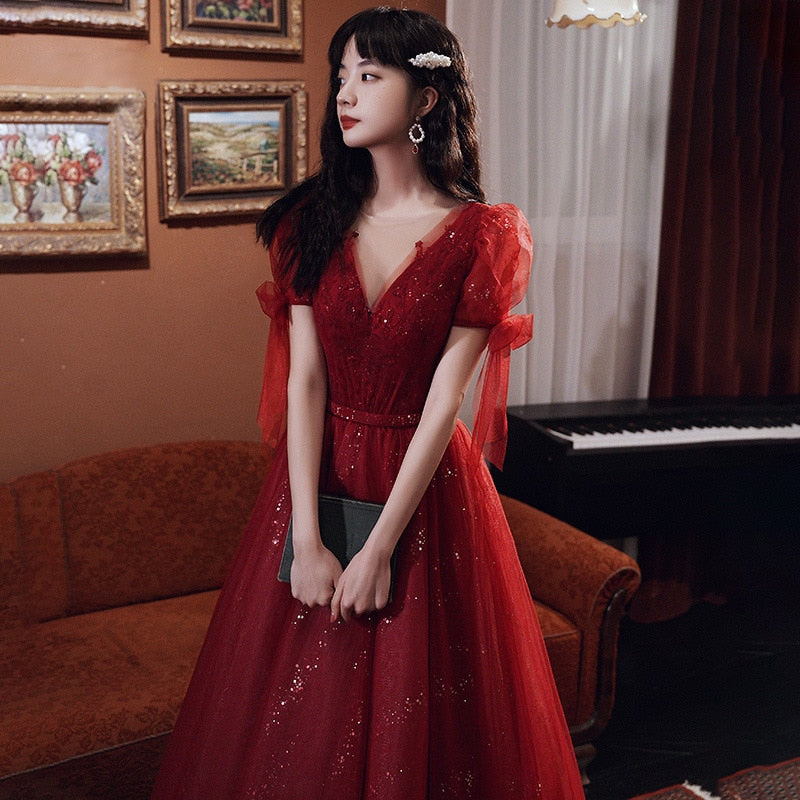 Homecoming Dresses: Wine Red Beading Tulle Prom Dress Vintage Women
