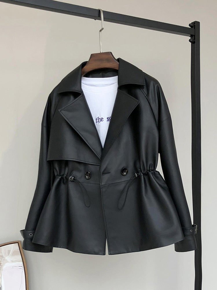 Spring Black Short Soft Faux Leather Trench Coat for Women Coats