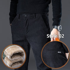 Winter Fleece Warm Corduroy Pants Men Stretch Thick Elastic Waist Fluff Pant