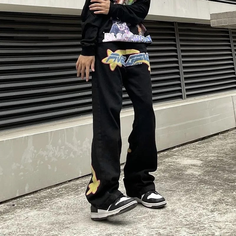 Y2K Retro Embroidered Denim Trousers Men High Street Wide Leg Pants