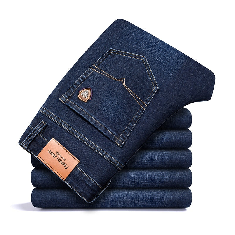 autumn spring fitted straight stretch denim jeans classic style badge youth men