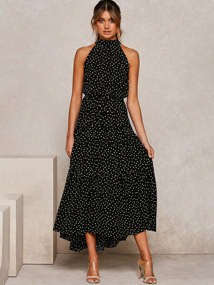 Summer Long Dress Polka Dot Casual Dresses Black Sexy Halter Strapless