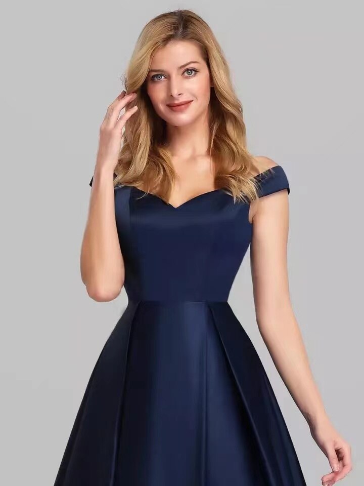 Homecoming Dresses: Off Shoulder Satin Prom Dresses Women Navy Blue Evening