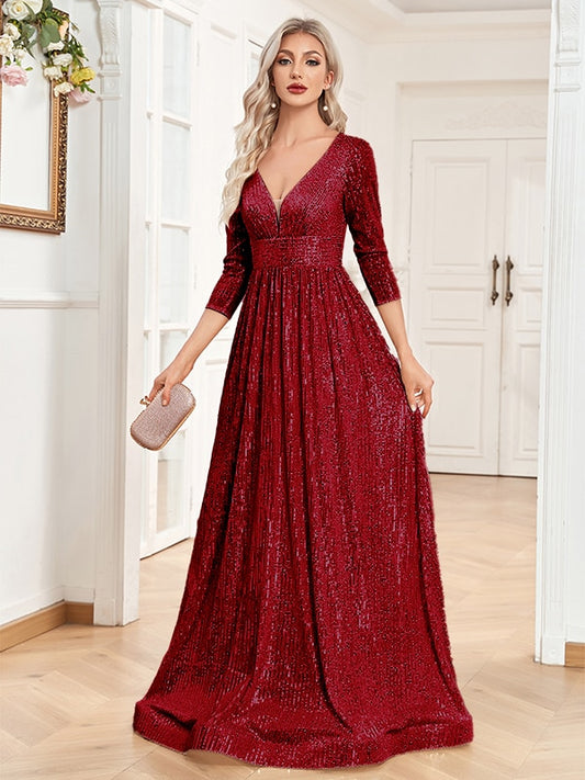 Women Beading Dress Long Prom Gowns V Neck Long Sleeves A-line