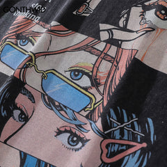 Distressed Oversize grunge T Shirt Streetwear Japanese Anime Eyes Print Retro