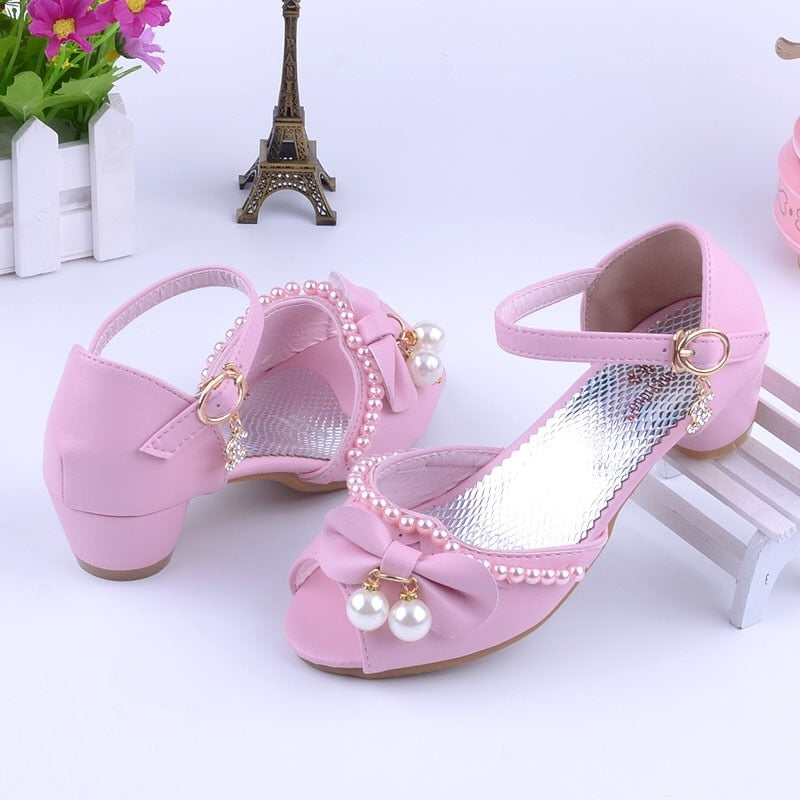 Princess Kids Leather Shoes for Girls High Heels Beaded Children