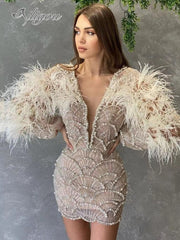 Women V-neck Beaded Dress Beaded Long Sleeve Feather Wine Dress