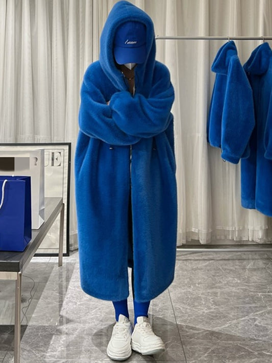 Winter Long Oversized Warm Thick Blue White Fluffy Faux Fur Coat Women