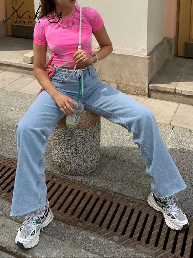 Straight Jeans Women High Waist Streetwear Light Blue Boyfriend Denim