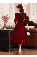 Burgundy Velvet Prom Dress Sweetheart Collar Long Sleeve A-Line Party Dress