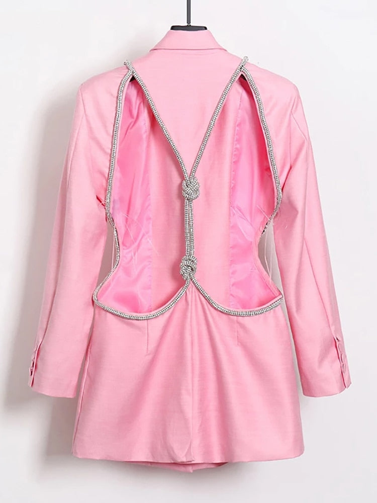 Backless Diamond Blazer Tops Female Lapel Collar Long