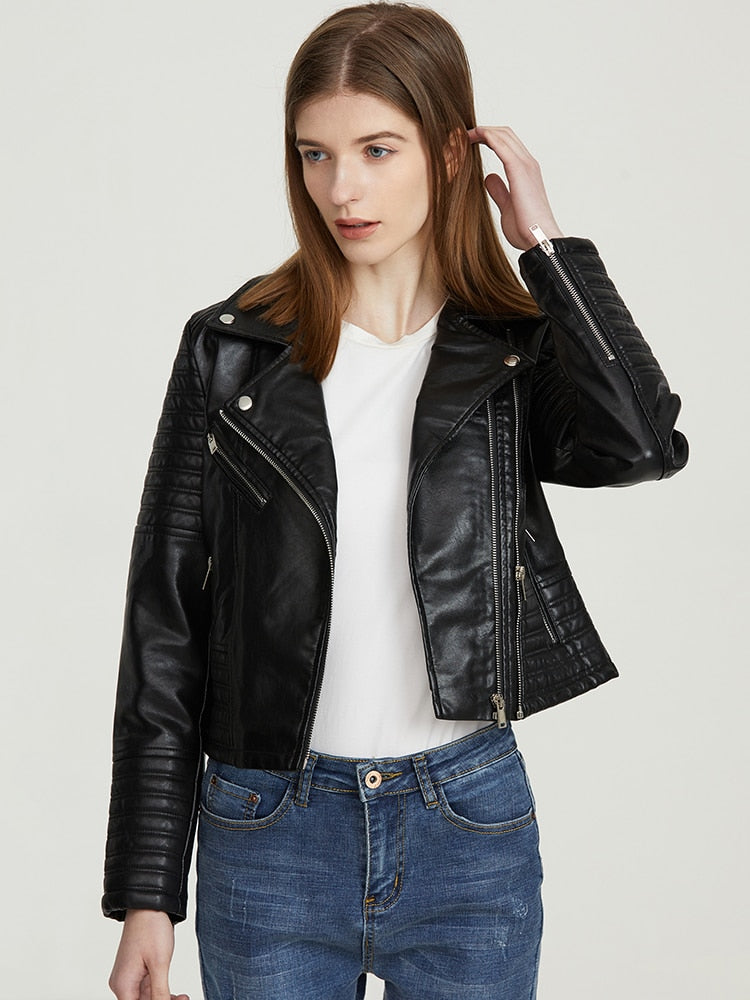 Leather Jacket Women Turndown Collar Pu Motorcycle Black Punk Coat