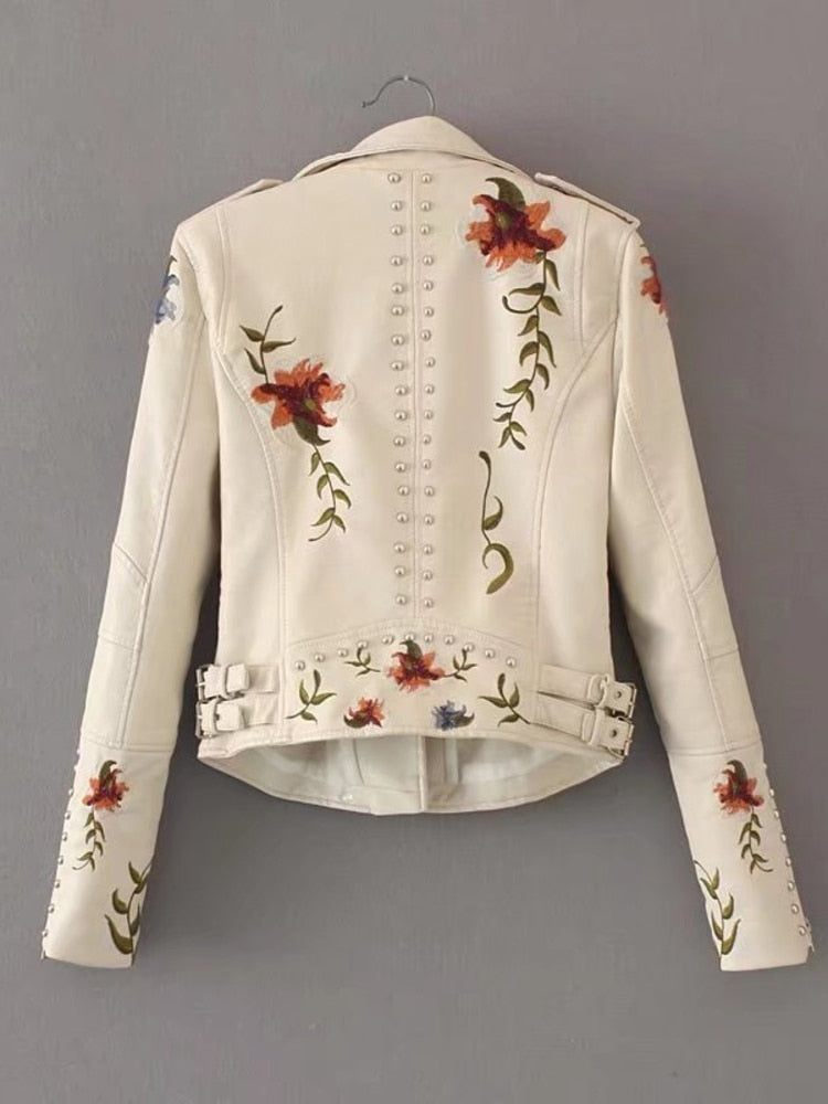 Style Full Sleeve Rivet Embroidery Turn-down Collar Zippers Women
