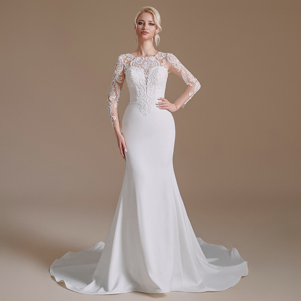 White Bridesmaid Dresses: Wedding Dress long Sleeves Mermaid Lace Appliques Beaded