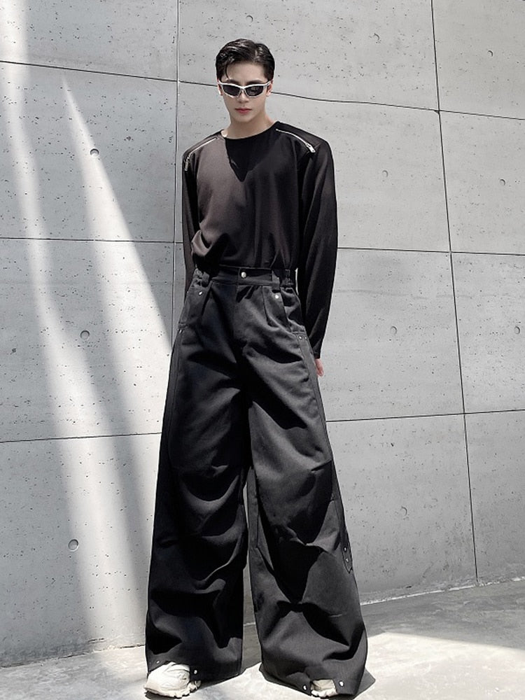 Men Pants Darkwear Pleats Loose Wide Leg Trousers Trend