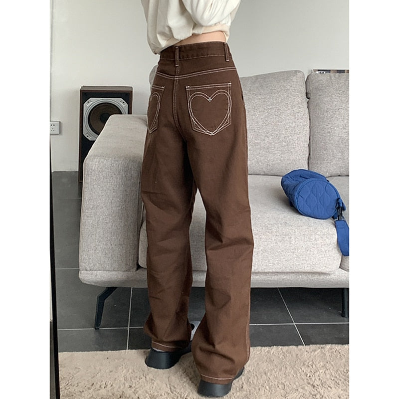 Brown Women Jeans High Waist Vintage Straight Baggy Denim Pants