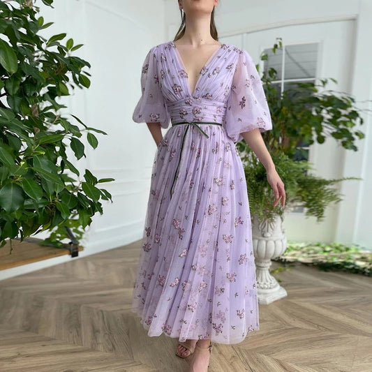 Evening wear Dresses: Lace Midi Prom Dresses Half Puff Sleeves