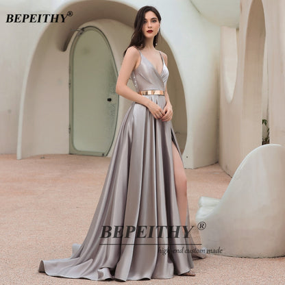 Homecoming Dresses: A-Line Prom Dress High Slit With Sash Court Train V Neck