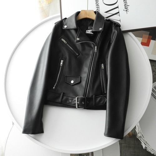 Spring Autumn Women Zippers V-neck Faux Leather Jacket