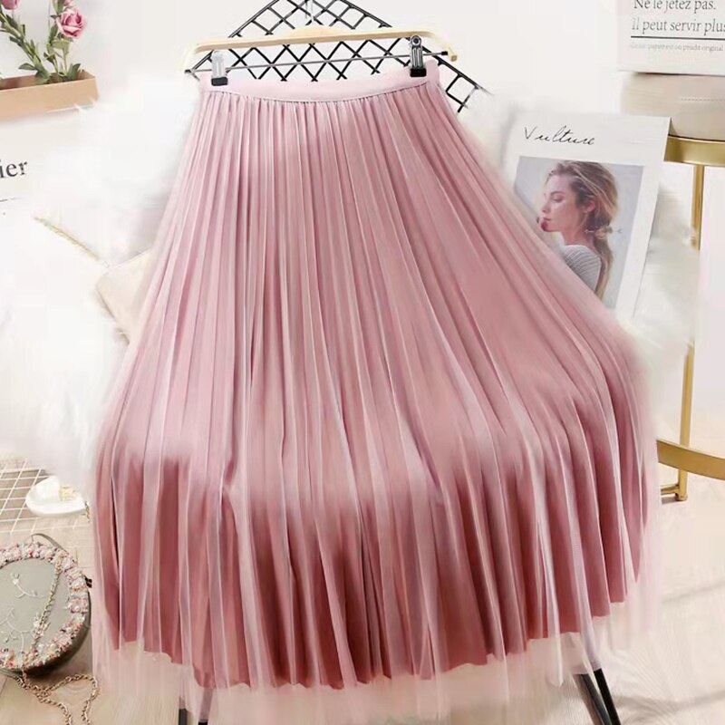 Rimocy Both Sides Wear Pearls Mesh Skirt Women Summer Velvet High Waist